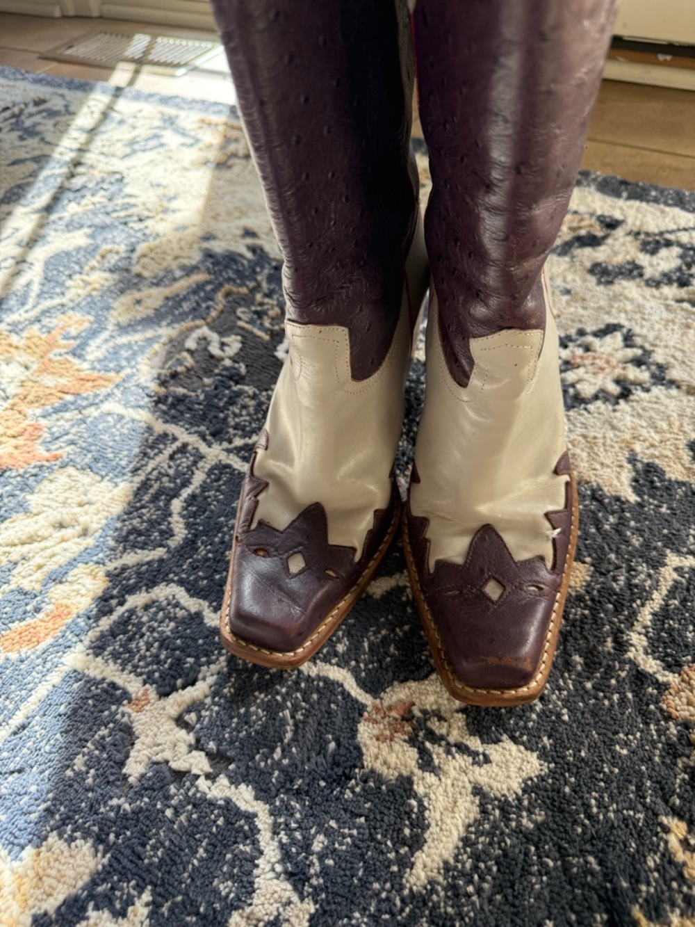 Western Chic Plum Cream Cowboy Boots Ostrich Embossed EU 37